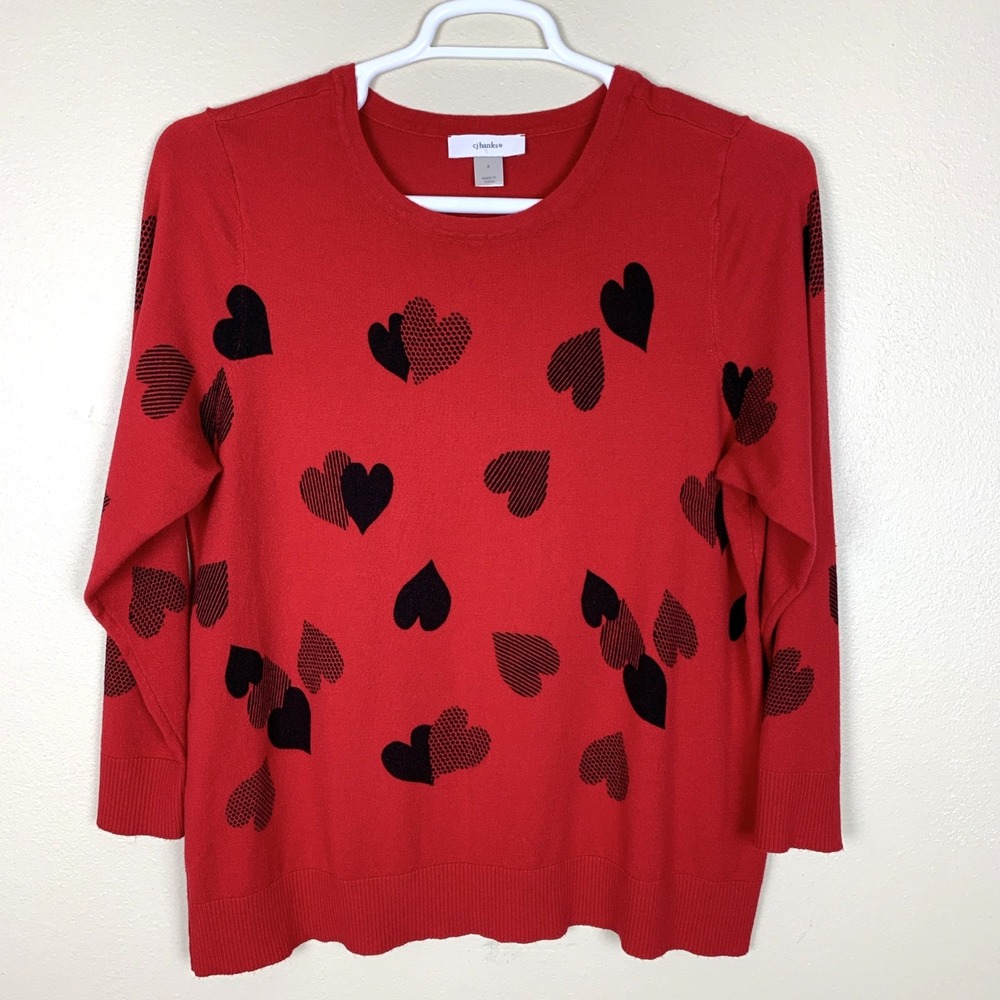 CJ Banks Heart Print Sweater Size X 14W Red Warm Valentine Holiday Party Knit
